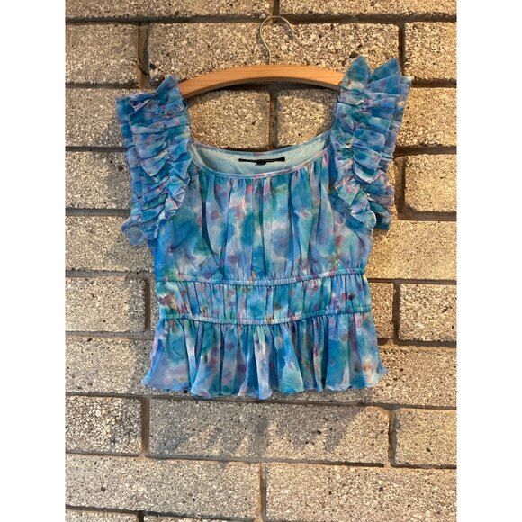 French Connection XS Ruffled Sleeveless Watercolor Peplum Top Blue & Pink - Picture 1 of 9